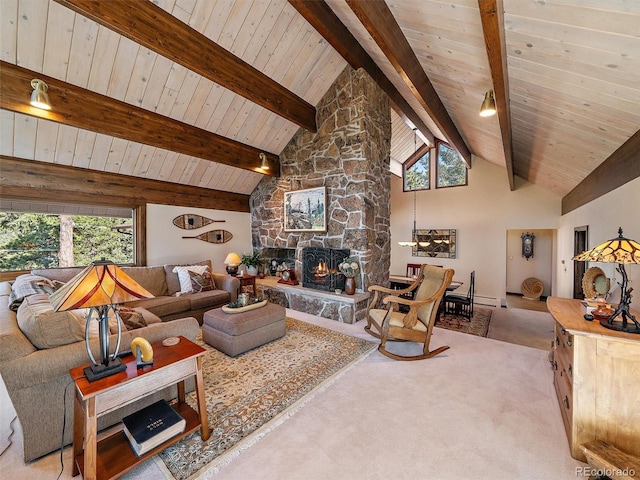28550 Cavan Ln, Evergreen, CO 80439 - carpeted living room with a wooden ceiling with exposed beams, a stone fireplace, healthy amount of natural light, and high vaulted ceiling