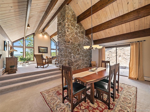 28550 Cavan Ln, Evergreen, CO 80439 - carpeted dining space with a wood ceiling with exposed beams, high vaulted ceiling, and baseboard heating
