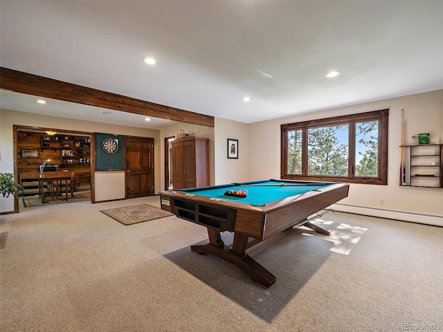 28550 Cavan Ln, Evergreen, CO 80439 - game room featuring baseboard heating, recessed lighting, carpet, billiards, and beam ceiling