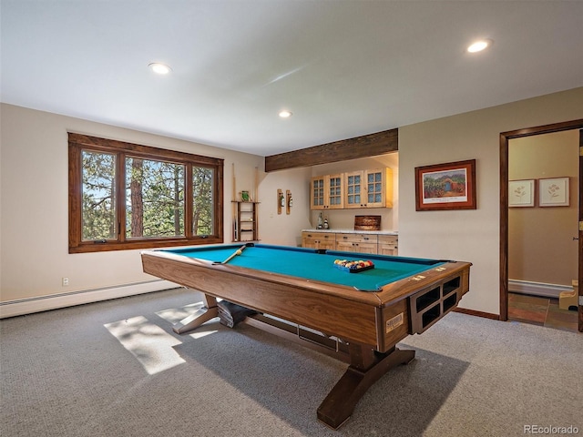 28550 Cavan Ln, Evergreen, CO 80439 - rec room featuring carpet flooring, pool table, recessed lighting, and baseboard heating