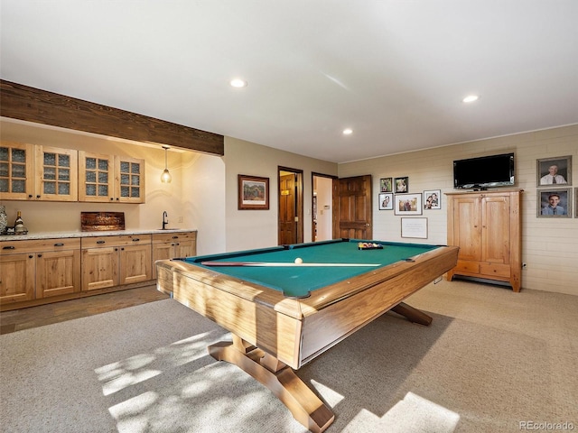 28550 Cavan Ln, Evergreen, CO 80439 - playroom with wet bar, billiards, recessed lighting, and light colored carpet