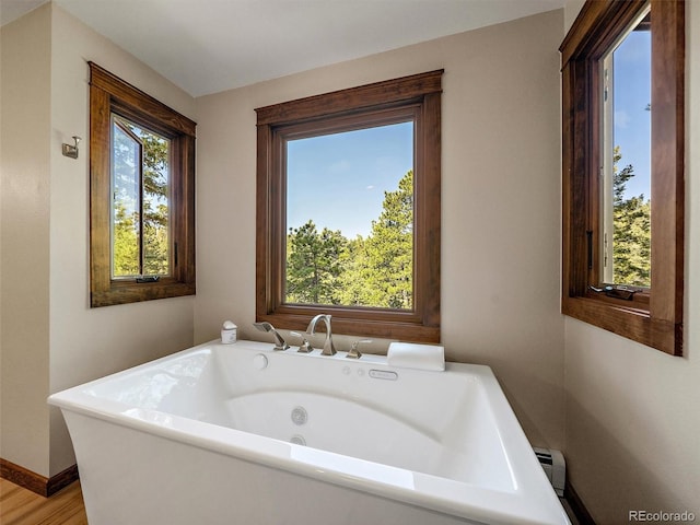28550 Cavan Ln, Evergreen, CO 80439 - full bath with a jetted tub, baseboard heating, and wood finished floors