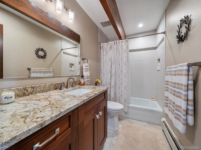 28550 Cavan Ln, Evergreen, CO 80439 - bathroom with a baseboard radiator, vanity, shower / bath combo, and recessed lighting