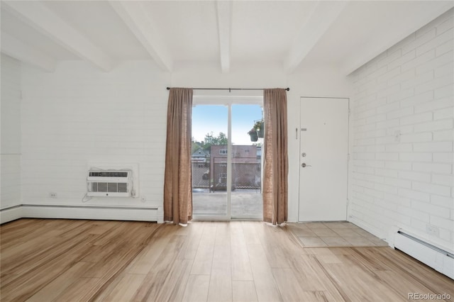 empty room featuring a baseboard radiator, a wall mounted air conditioner, beam ceiling, a baseboard heating unit, and light wood-type flooring