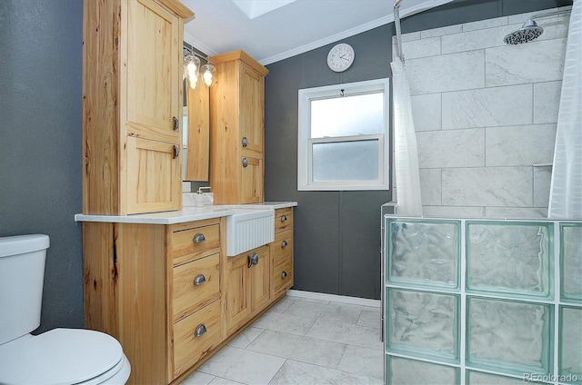 bathroom with sink, ornamental molding, toilet, and walk in shower