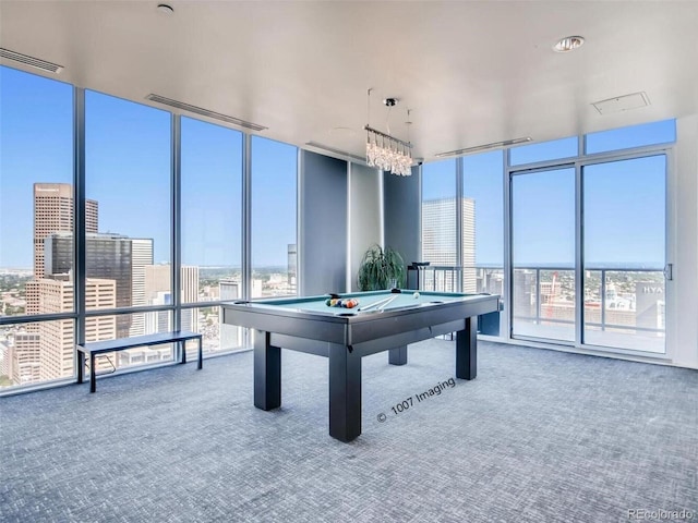 891 14th St Unit 3411, Denver, CO 80202 - playroom featuring carpet flooring, floor to ceiling windows, pool table, and a view of city