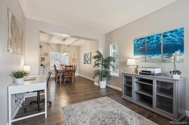 home office with baseboards, a healthy amount of sunlight, and dark wood-style floors