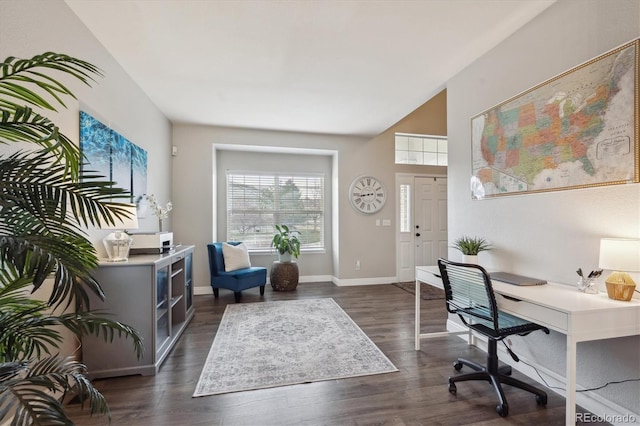 office area with dark wood-style flooring, baseboards, and lofted ceiling