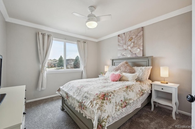 8114 Briar Ridge Dr, Castle Pines, CO 80108 - bedroom with dark carpet, crown molding, baseboards, and ceiling fan