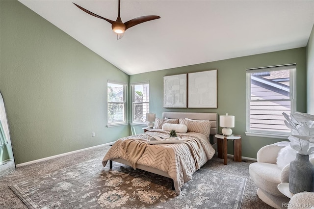 5784 W 81st Cir, Arvada, CO 80003 - bedroom featuring carpet, vaulted ceiling, multiple windows, ceiling fan, and baseboards