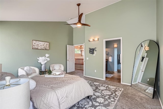 5784 W 81st Cir, Arvada, CO 80003 - bedroom with high vaulted ceiling, carpet, baseboards, and a ceiling fan