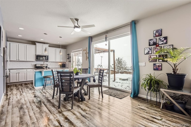 dining space with ceiling fan, light hardwood / wood-style flooring, and a textured ceiling