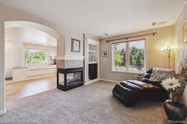16498 E Lake Dr, Centennial, CO 80016 - living area with a textured ceiling, arched walkways, light carpet, a multi sided fireplace, and plenty of natural light