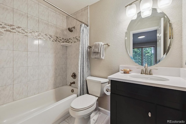 16498 E Lake Dr, Centennial, CO 80016 - bathroom with vanity, shower / tub combo, and a textured wall