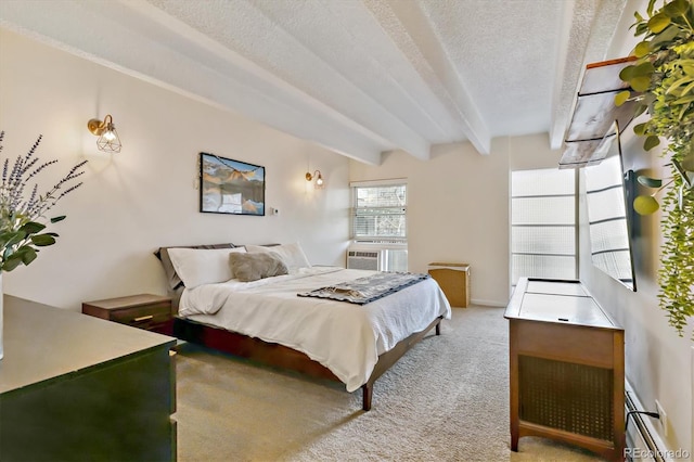 bedroom featuring beamed ceiling, light carpet, a textured ceiling, and cooling unit