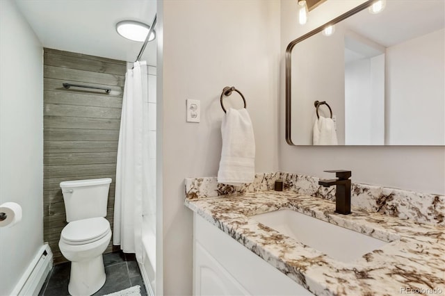 bathroom with vanity, a shower with shower curtain, a baseboard heating unit, tile patterned floors, and toilet