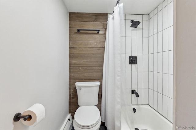 bathroom with shower / bath combination with curtain and toilet