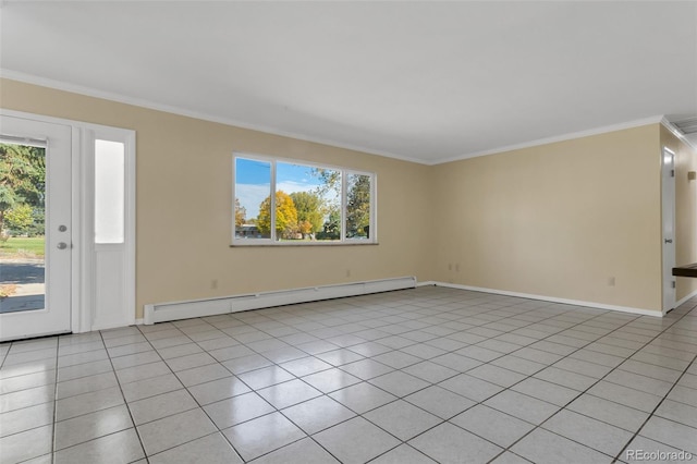 interior space featuring baseboard heating, light tile patterned floors, and crown molding