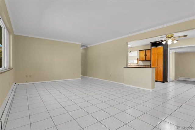 unfurnished living room featuring light tile patterned flooring, crown molding, and a baseboard radiator