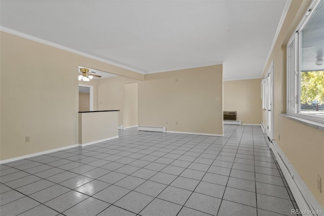 tiled empty room featuring ceiling fan, a baseboard radiator, and ornamental molding