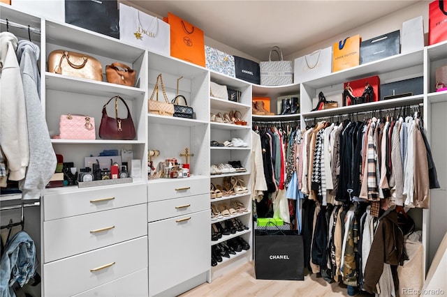 walk in closet with light wood-type flooring