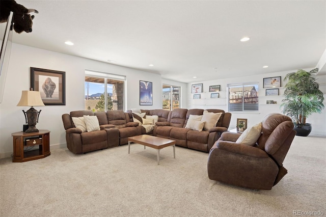 living room with light colored carpet