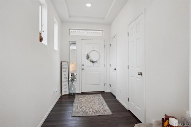 doorway to outside featuring a tray ceiling, dark wood-type flooring, and baseboards