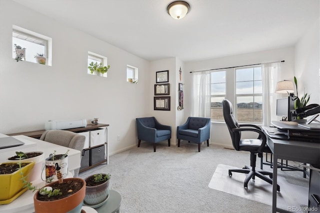 home office featuring carpet flooring and baseboards