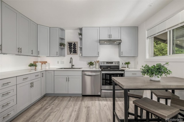 7828 Florado St, Denver, CO 80221 - kitchen featuring stainless steel appliances, a sink, under cabinet range hood, gray cabinets, and light countertops