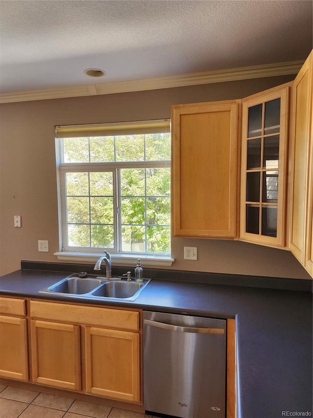 kitchen with sink, dishwasher, a textured ceiling, crown molding, and light tile patterned floors