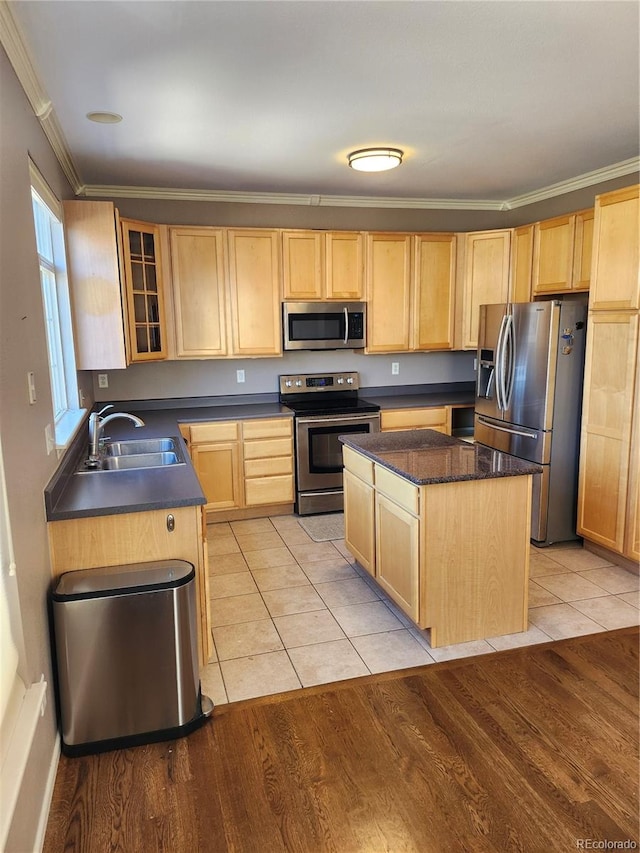 kitchen featuring sink, light wood-type flooring, a center island, stainless steel appliances, and crown molding