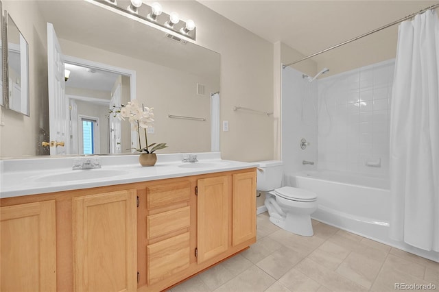 full bathroom featuring shower / bathtub combination with curtain, vanity, tile patterned floors, and toilet