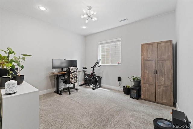 3344 Evening Pl, Castle Rock, CO 80109 - home office with carpet, baseboards, a chandelier, and recessed lighting