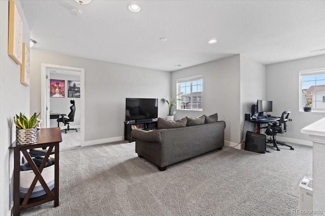 3344 Evening Pl, Castle Rock, CO 80109 - carpeted living room featuring a desk, plenty of natural light, baseboards, and recessed lighting