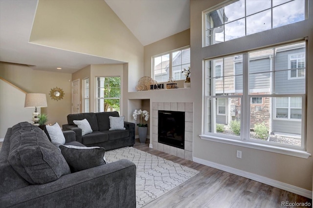 12812 Jasmine St Unit D, Thornton, CO 80602 - living room with wood finished floors, high vaulted ceiling, and a fireplace