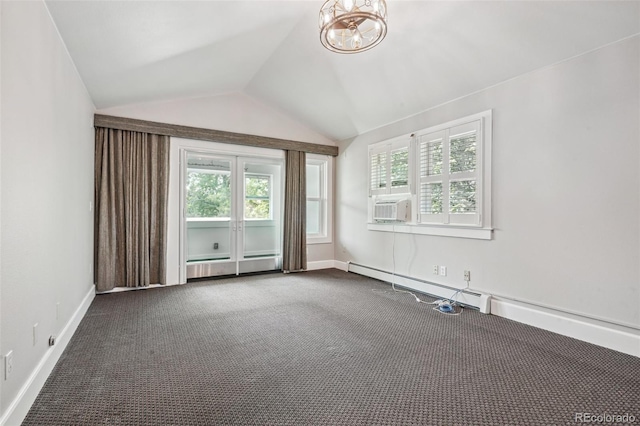 spare room with baseboards, vaulted ceiling, dark colored carpet, a baseboard heating unit, and a chandelier