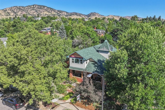 drone / aerial view featuring a mountain view