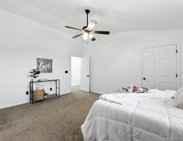 carpeted bedroom featuring high vaulted ceiling and ceiling fan