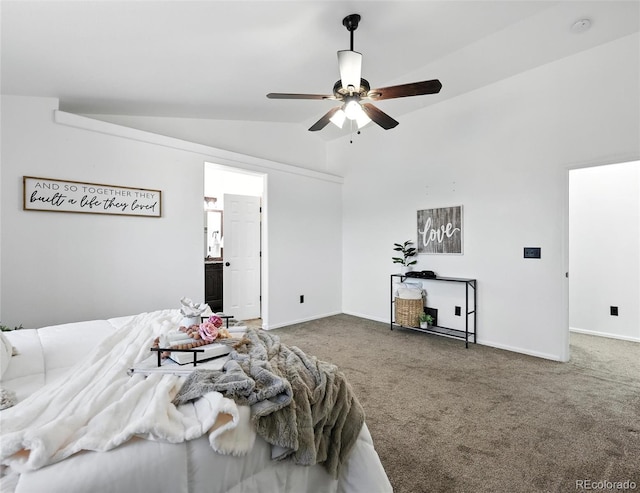 carpeted bedroom with lofted ceiling and ceiling fan