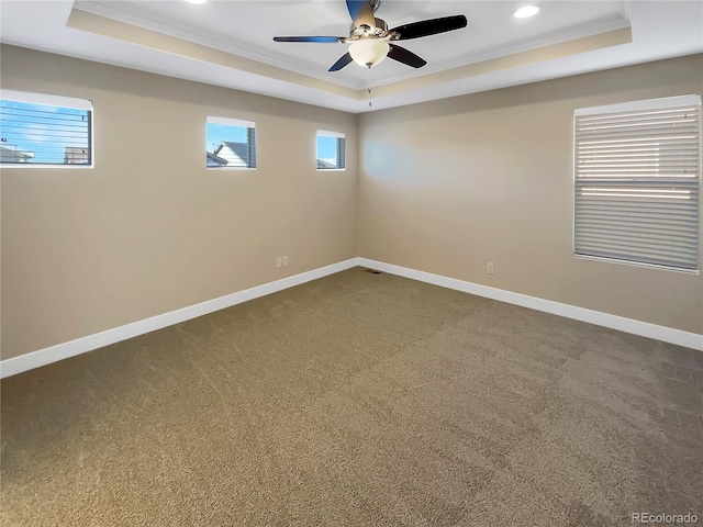 unfurnished room with carpet flooring, a raised ceiling, and ceiling fan