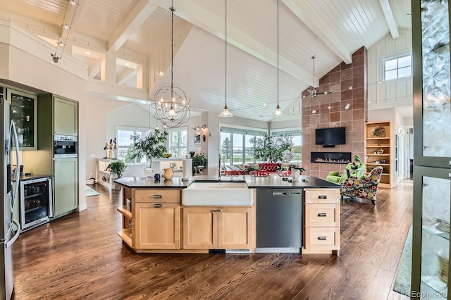 kitchen featuring wine cooler, high vaulted ceiling, beamed ceiling, and dark countertops