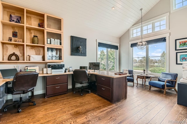 office area with wooden ceiling, high vaulted ceiling, hardwood / wood-style floors, and a chandelier