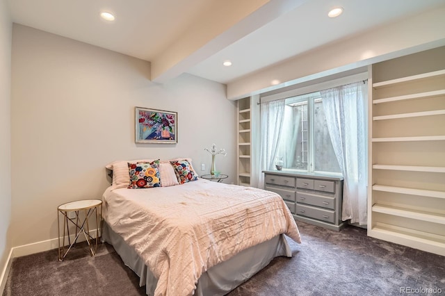 bedroom featuring recessed lighting, baseboards, dark carpet, and beam ceiling
