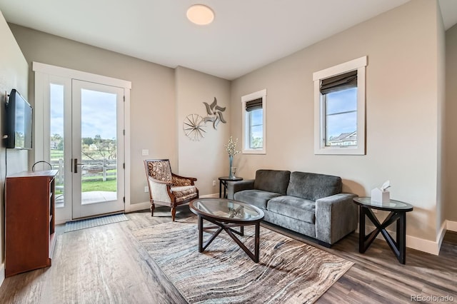 living room with baseboards and wood finished floors