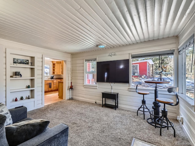 living area featuring built in shelves and carpet floors