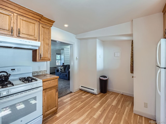 kitchen featuring white appliances, light wood finished floors, light countertops, under cabinet range hood, and baseboard heating