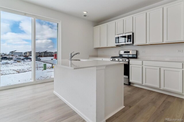 kitchen with sink, white cabinets, light hardwood / wood-style floors, stainless steel appliances, and a center island with sink