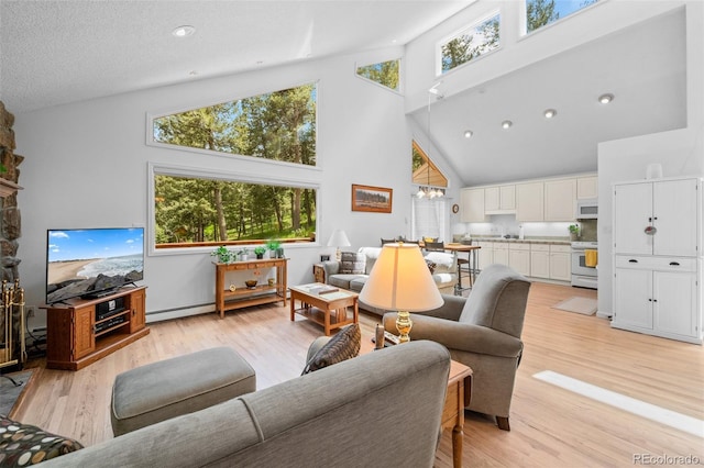 649 Cottonwood Dr, Evergreen, CO 80439 - living area with a towering ceiling, light wood finished floors, plenty of natural light, a baseboard heating unit, and recessed lighting