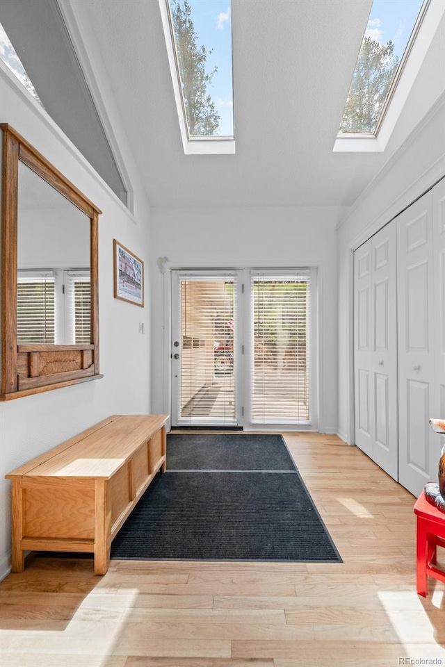 649 Cottonwood Dr, Evergreen, CO 80439 - entryway featuring a skylight, lofted ceiling, and wood finished floors