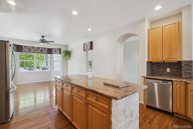 kitchen with appliances with stainless steel finishes, arched walkways, dark wood-style floors, a ceiling fan, and recessed lighting